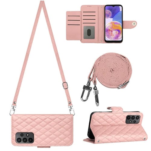 Funda para Teléfono Samsung Galaxy A52 4G / 5G con Tapa de Cuero Textura Rómbica y Cordón Largo (Rosa Coral)