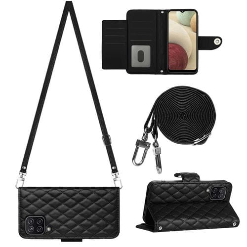 Funda para Teléfono Samsung Galaxy A12 / M12 con Tapa de Cuero Textura Rómbica y Cordón Largo (Negro)