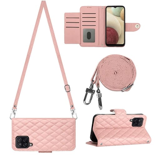 Funda de Cuero Samsung Galaxy A12 M12 con Tapa Textura RĂłmbica y CordĂłn Largo (Rosa Coral)