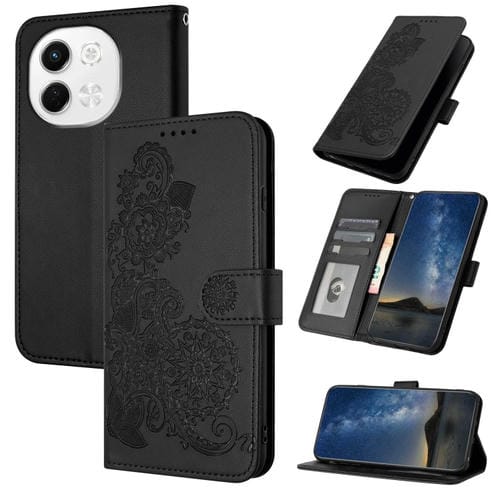 Funda de Cuero con Tapa y Relieve Flor de Datura para Tecno Pova 6 Neo 5G Spark 30 5G (Negra)