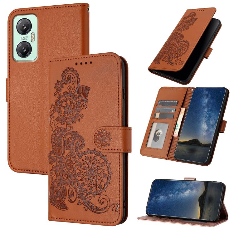 Funda de Cuero con Tapa para Infinix Hot 20 5G con Relieve Flor de Datura (Marrón)