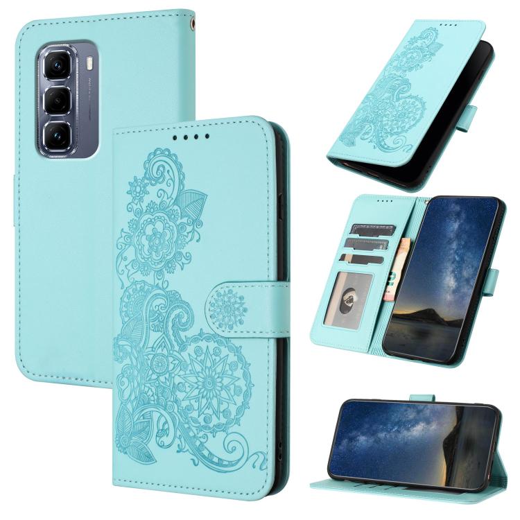 Funda de Cuero con Tapa y Relieve Flor de Datura para Infinix Hot 50 Pro 4G (Azul Claro)