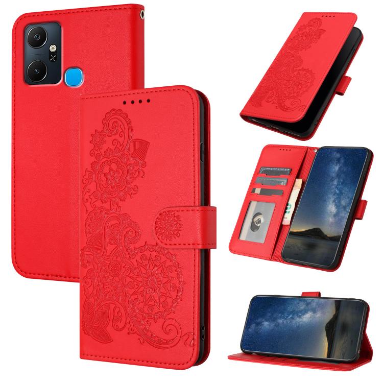 Funda de Cuero con Tapa para Infinix Smart 6 Plus con Diseño Flor de Datura (Rojo)