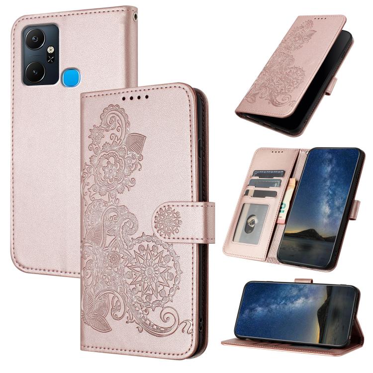 Funda de Cuero con Tapa para Infinix Smart 6 Plus con Relieve Flor de Datura (Oro Rosa)