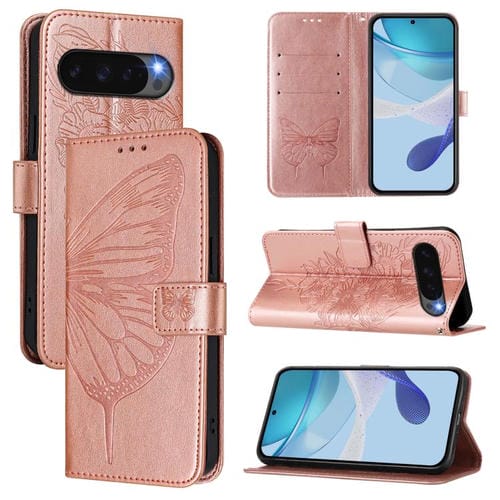 Funda de Cuero con Mariposas en Relieve para Google Pixel 10 Pro XL (Oro Rosa)