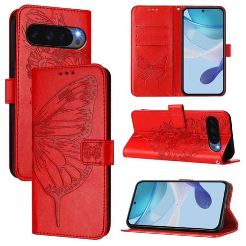 Funda de Cuero con Diseño de Mariposa en Relieve para Google Pixel 10 Pro XL (Roja)