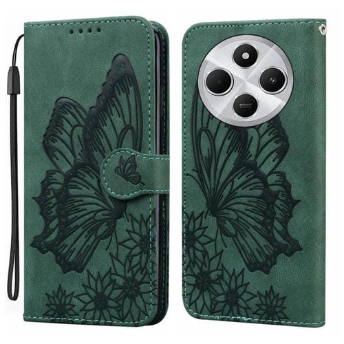 Funda de Cuero con Tapa Horizontal con Diseño de Mariposas En Relieve y Tacto Retro para Redmi A4 5G (Verde)