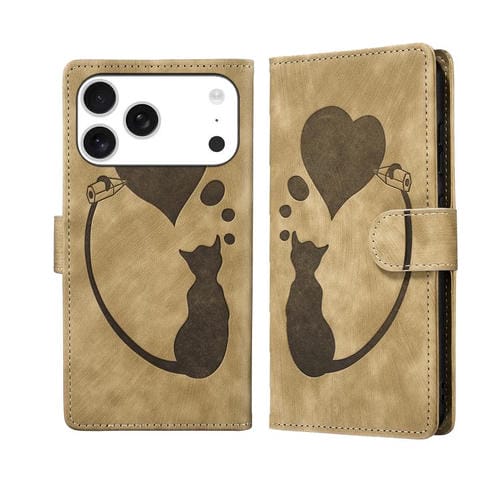 Funda de piel con relieve de gato y corazón para iPhone 17 Pro Max (albaricoque)