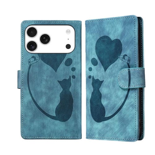 Funda de cuero con relieve de gato y corazón para iPhone 17 Pro Max (azul)