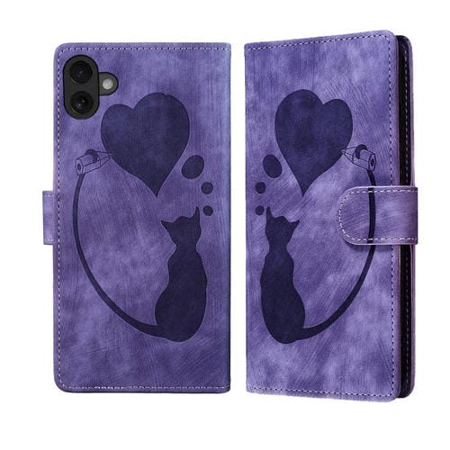 Funda de piel con relieve de gato y corazón para iPhone 17 (morado)