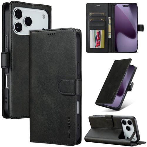 LC.IMEEKE Funda de piel con textura de becerro y tapa horizontal para iPhone 17 Pro Max (Negro)