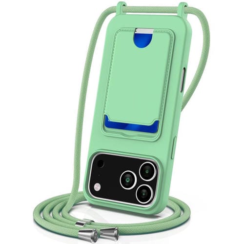 Funda de silicona líquida de color sólido con cordón para iPhone 17 Pro Max, con tarjetero integrado (verde)