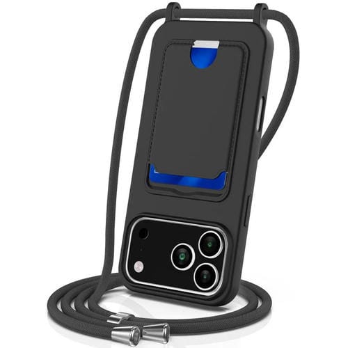 Funda de silicona líquida de color sólido con cordón para iPhone 17 Pro Max, con tarjetero integrado (negro)