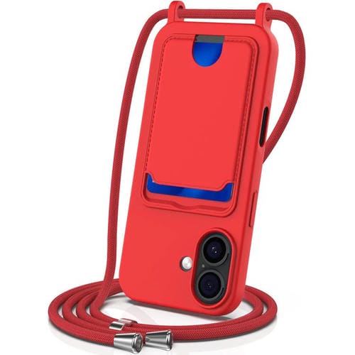 Funda de silicona líquida de color sólido con tarjetero integrado para iPhone 17 y cordón (roja)