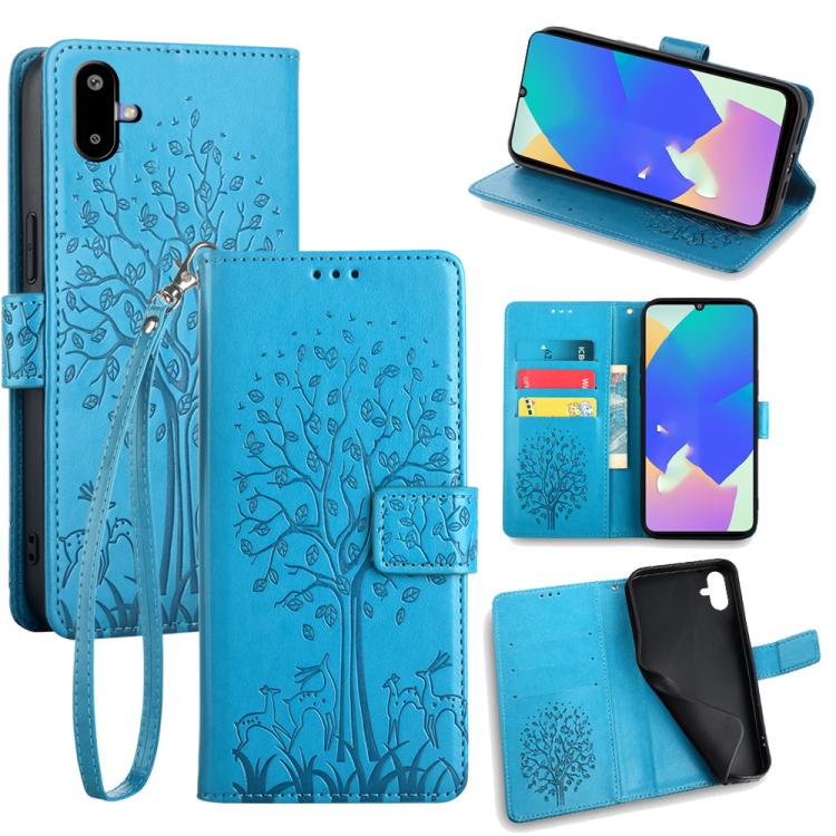 Funda de piel con relieve de árbol y ciervo para Samsung Galaxy F06 5G (azul)