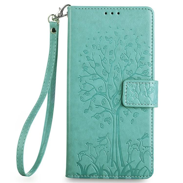 Funda de piel con relieve de árbol y ciervo para Samsung Galaxy F06 5G (verde)