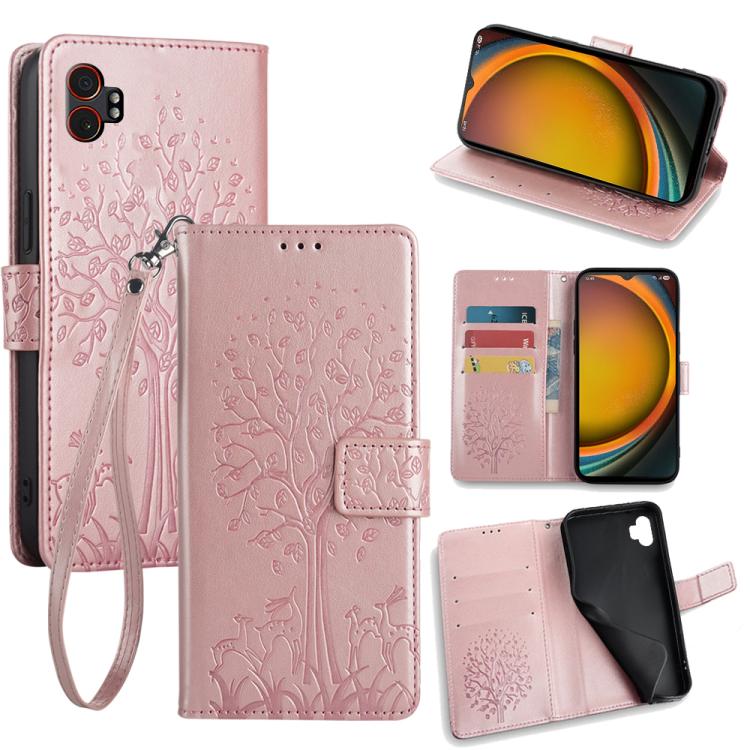 Funda de piel con relieve de árbol y ciervo para Samsung Galaxy XCover 7 Pro 5G (oro rosa)