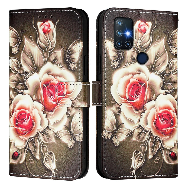 Funda de Cuero para OnePlus Nord N10 5G con Patrón de Dibujo de Colores (Rosas Sobre Negro)