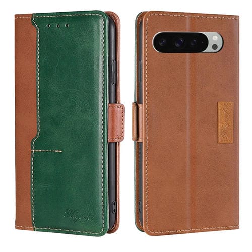 Funda de Cuero con Hebilla Lateral para Google Pixel 9 Pro XL (MarrĂłn Claro y Verde)