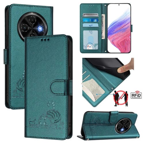Funda de Cuero Rfid para Tecno Spark 30C con Estampado de Rata y Gato en Relieve y CordĂłn (Verde Pavo Real)