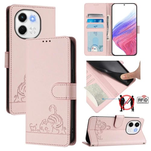 Funda Cuero Rfid Tecno Spark 30 5G Estampado Rata y Gato Relieve con Cordón (Rosa)