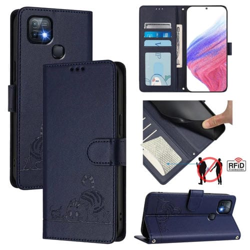 Funda de Cuero Rfid para Infinix Hot 10I con Estampado de Rata y Gato en Relieve y Cordón (Azul)