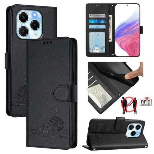 Funda de Cuero RFID para Infinix Note 40X 5G con Estampado de Rata y Gato y Cordón (Negro)