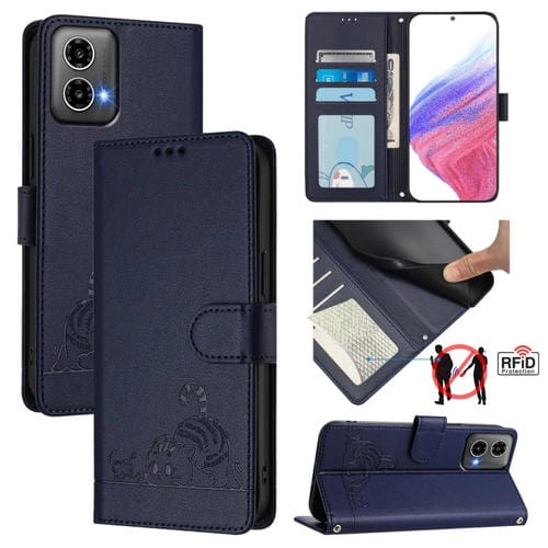 Funda de Cuero Rfid para Motorola Moto G34 5G y G45 5G con Estampado de Rata y Gato y Cordón (Azul)