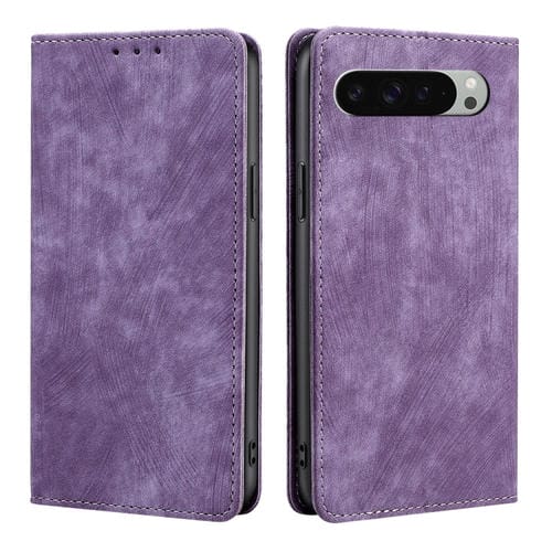 Funda de Cuero Magnética con Cepillo Antirrobo RFID para Google Pixel 9 Pro XL (Morado)