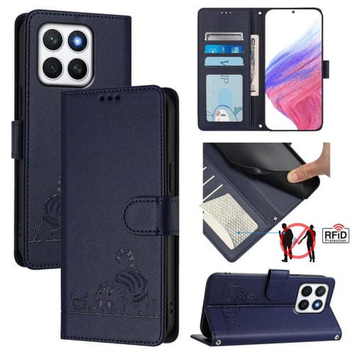Funda de Teléfono Honor X8C 4G Global Cuero Rfid con Cordón Patrón Gato y Rata (Azul)