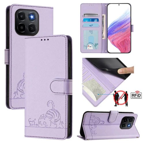 Funda de cuero RFID con estampado de gato y rata para Honor X6c 4G con cordĂłn (morado)