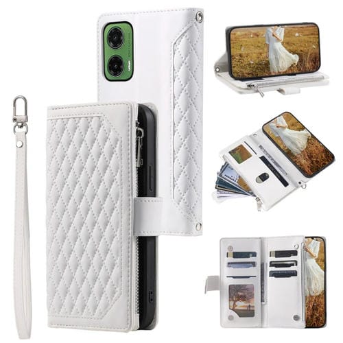 Funda de Cuero con Cremallera y Textura de Cuadrícula para Motorola Moto G35 con Cordón (Blanco)