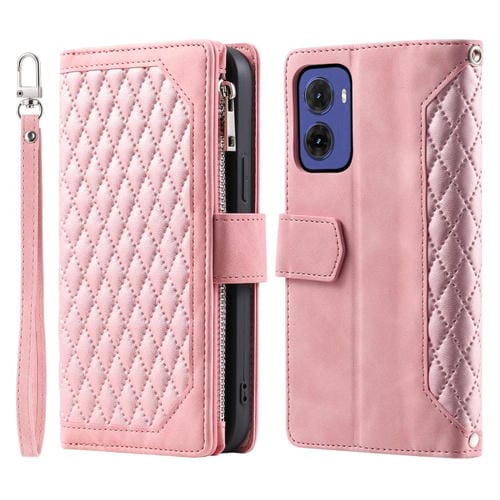 Funda de Cuero con Cremallera y Textura de Cuadrícula para Motorola Moto G05 con Cordón (Oro Rosa)