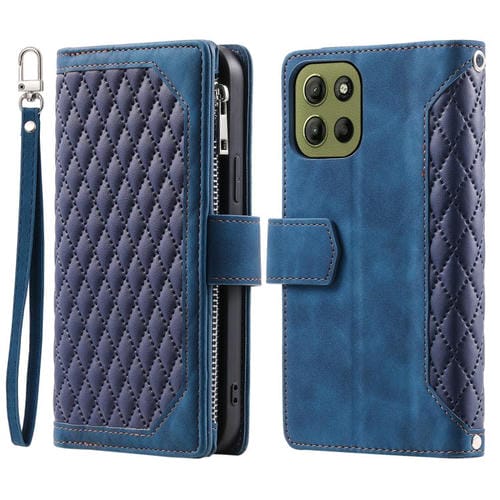 Funda de Cuero con Textura de Cuadrícula y Cremallera para Motorola Moto G15 con Cordón (Azul)