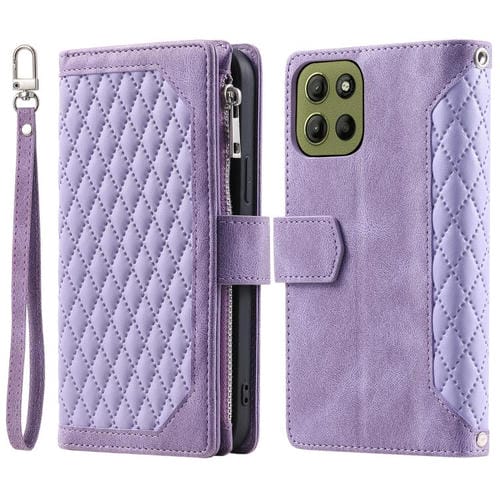 Funda de Cuero con Cremallera y Textura de Cuadrícula para Motorola Moto G15 con Cordón (Morado)