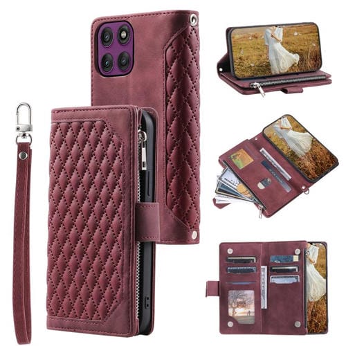 Funda de cuero con cremallera y cordón para Motorola Edge 60 Pro (rojo vino)