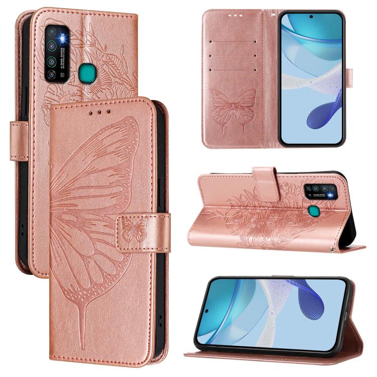 Funda de Cuero para Infinix Hot 9/9 Pro con Diseño de Mariposa en Relieve (Oro Rosa)