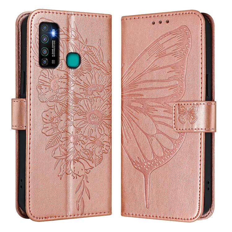 Funda de Cuero para Infinix Hot 9/9 Pro con Diseño de Mariposa en Relieve (Oro Rosa)