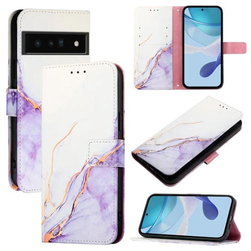 Funda para Google Pixel 6 Pro Pt003 de Cuero con Tapa y PatrĂłn de MĂĄrmol (Blanco y Morado)
