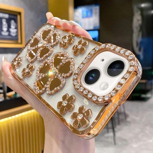 Funda para Teléfono TPU iPhone 15 con Diamantes y Flores Galvanizada (Dorado) - MOVILSTORE