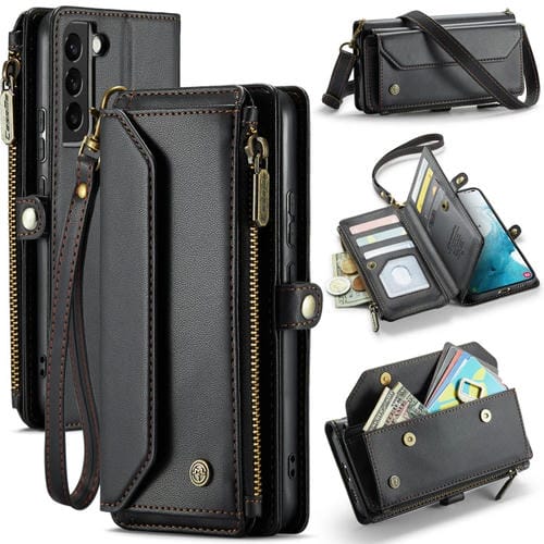 Funda cartera para Samsung Galaxy S22+ 5G Caseme C36 con ranuras para tarjetas y cremallera (Negro)