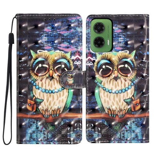 Funda de Cuero con PatrĂłn 3D para Motorola Moto G35 (BĂșho de Ojos Grandes)