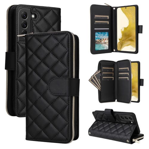 Funda Cruzada de Cuero Samsung Galaxy S22 + 5G con Hebilla y Cremallera Rombal con CordĂłn (Negro)
