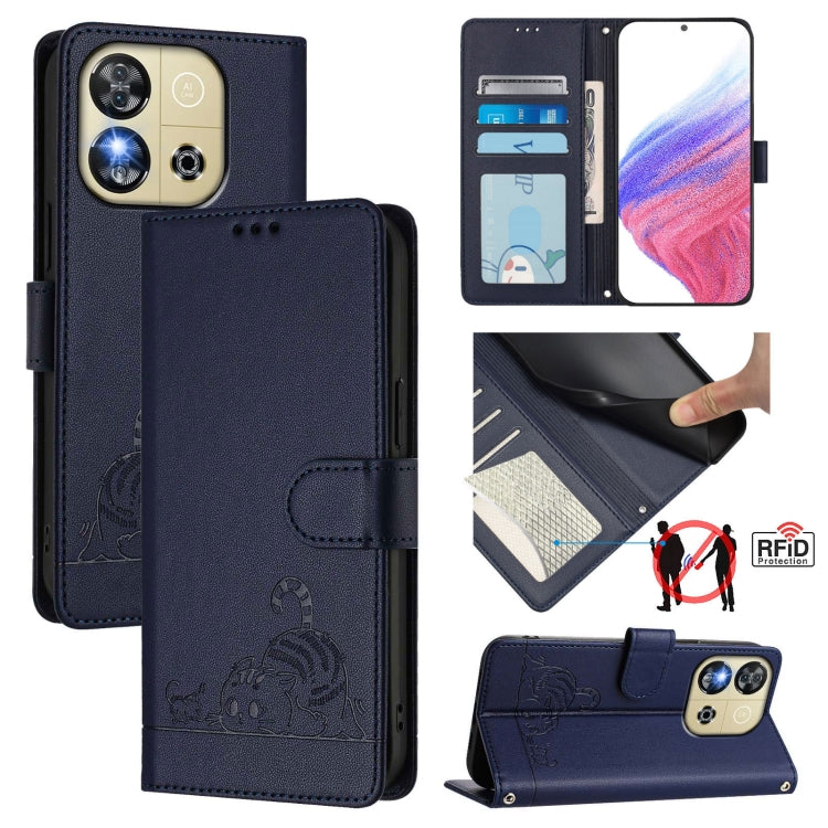 Funda Cuero Rfid Oukitel C57S con Estampado Rata y Gato en Relieve y CordĂłn (Azul)
