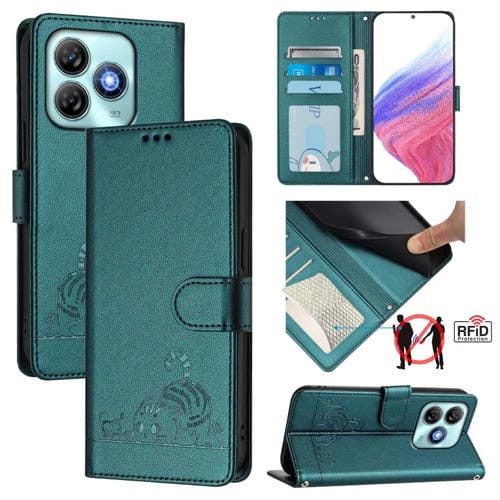 Funda de Cuero RFID para ZTE Blade A75 4G con Estampado de Rata y Gato y Cordón (Verde Pavo Real)