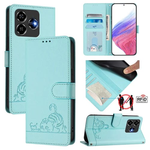 Funda de Cuero Rfid para ZTE Blade V60 con Diseño Gato y Rata En Relieve y Cordón (Verde Menta)