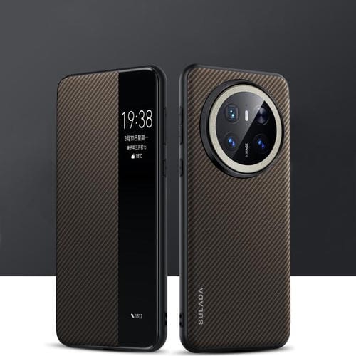 Funda de Cuero con Ventana Inteligente y Textura Kevlar 600D para Huawei Mate 70 (MarrĂłn)