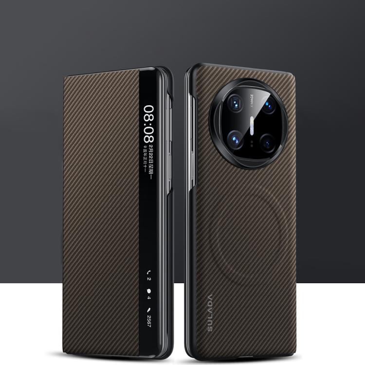 Funda de Cuero con Ventana Inteligente y Textura Kevlar 600D para Huawei Mate X6 (Marrón)
