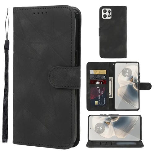 Funda de Cuero Motorola Edge 50 Pro con Diseño GeomĂ©trico y LĂneas (Negra)