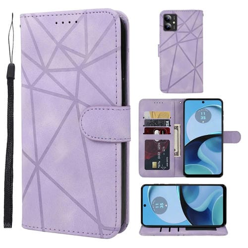 Funda de Cuero para Motorola Moto G14 con Diseño GeomĂ©trico y LĂneas (Morado)